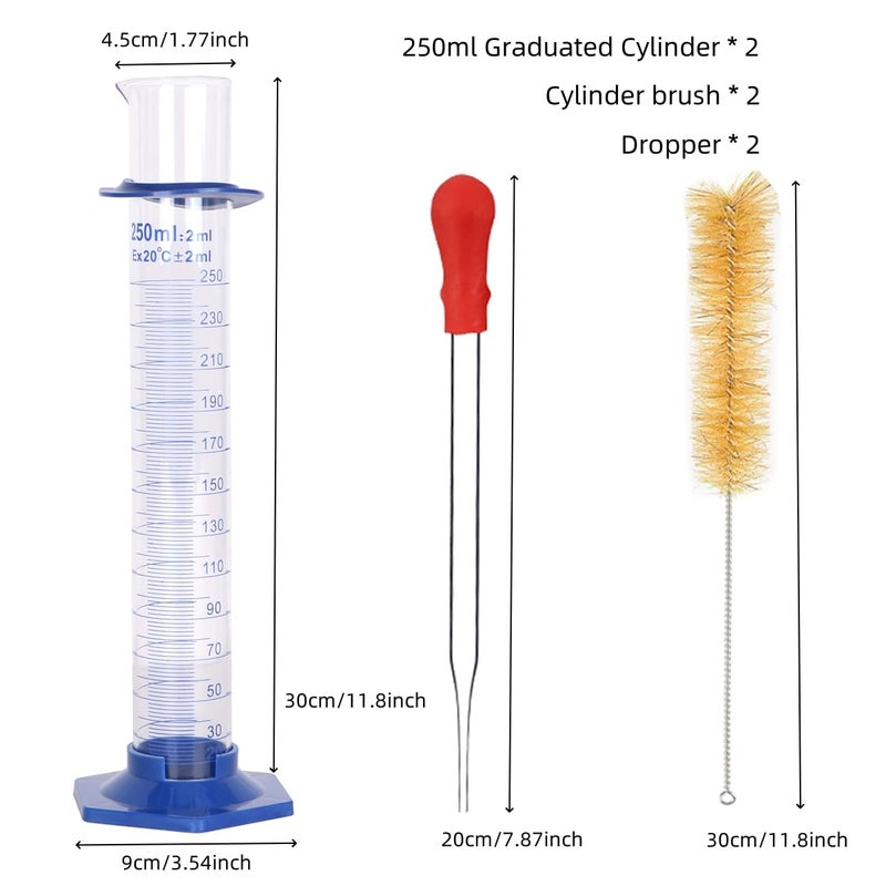 KIGITIK 2Pcs 250ml Graduated Cylinder, Thick Glass Measuring Cylinder, with Anti-Falling Plastic Base and Bumper Guards, for Science Laboratory Measuring Liquid, Bring 2 Brushes and 2 droppers - Image 2